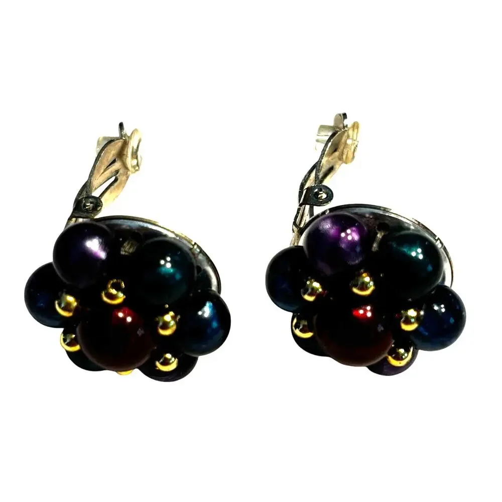 Vintage clip on earrings gem tones & gold beaded clusters mid century rounds